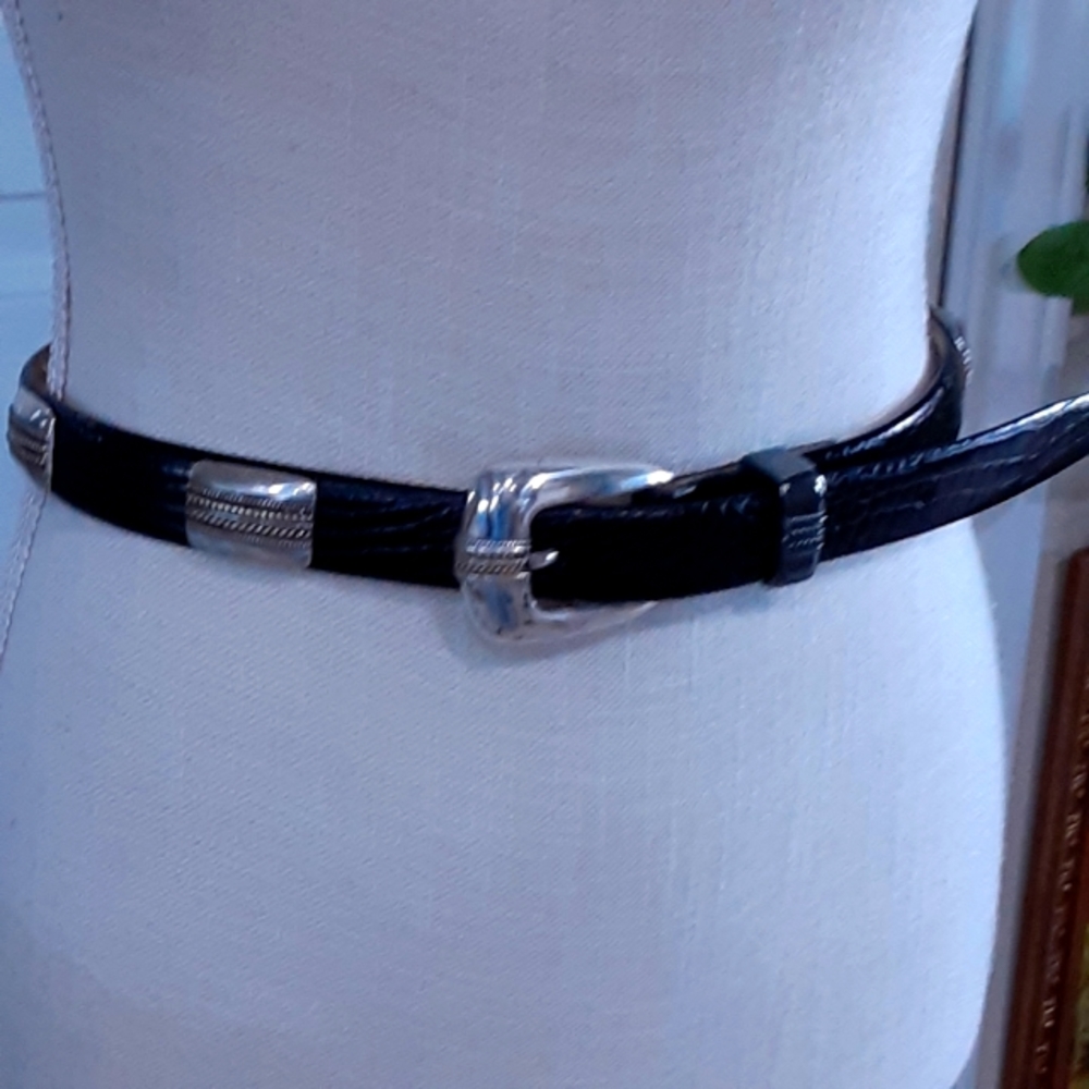 BLK, Embossed Leather Belt with Silver Enhanced Buckle. SIZE MEDIUM